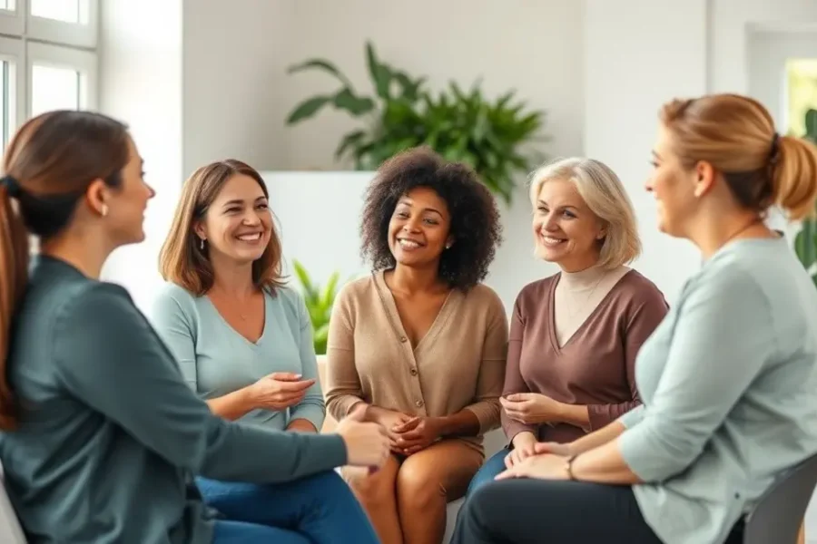 Grupo de mulheres discutindo sobre saúde e bem-estar emocional.