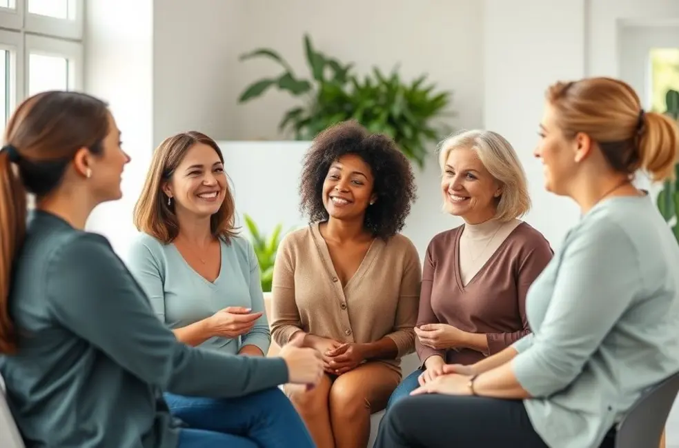 Grupo de mulheres discutindo sobre saúde e bem-estar emocional.