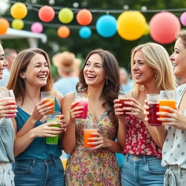 Imagem de mulheres felizes em uma festa com drinks não alcoólicos.