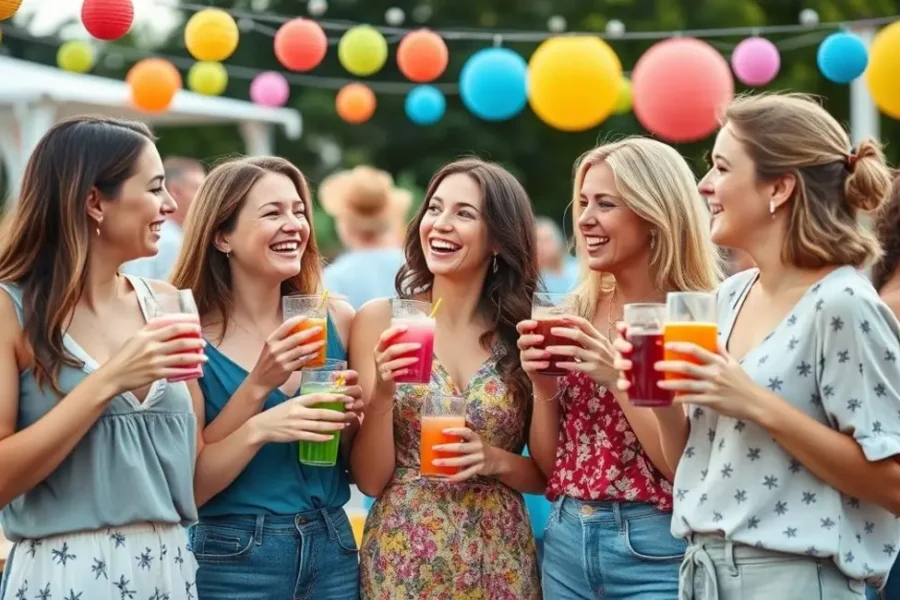 Imagem de mulheres felizes em uma festa com drinks não alcoólicos.