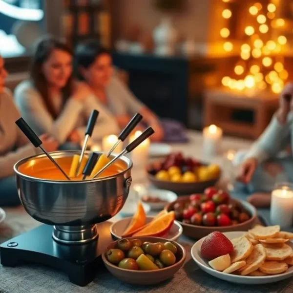Um ambiente aconchegante de cinema com fondue e diversos petiscos.