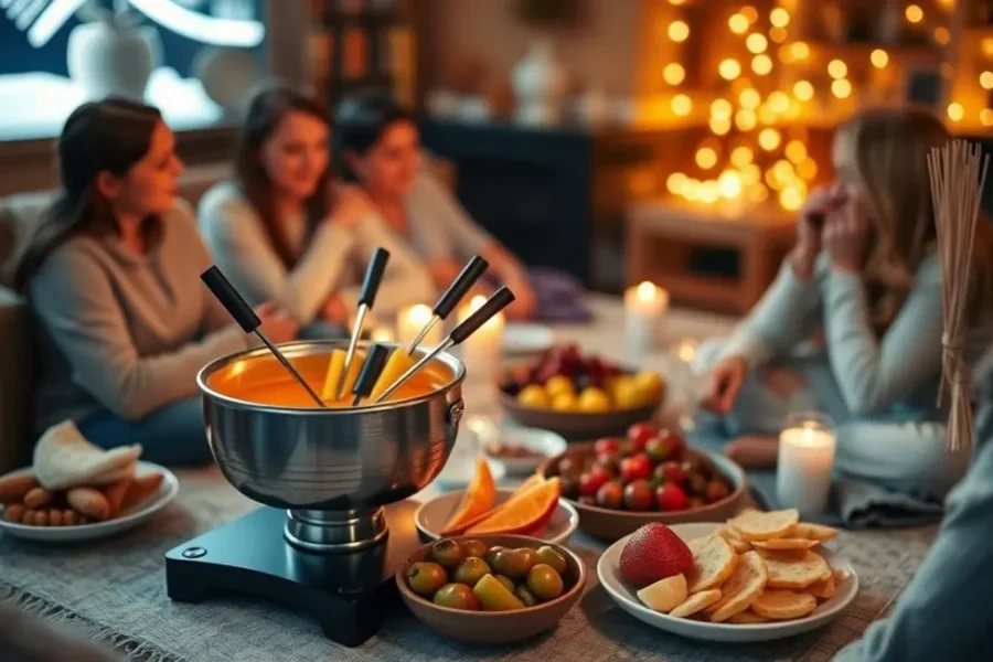 Um ambiente aconchegante de cinema com fondue e diversos petiscos.