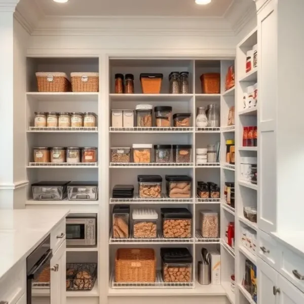 Cozinha com despensa organizada e acolhedora.