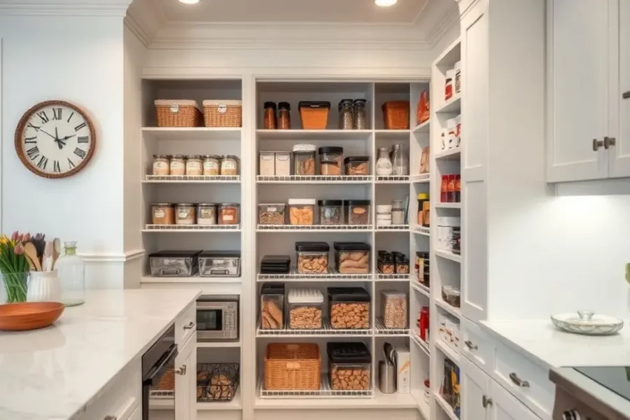 Cozinha com despensa organizada e acolhedora.