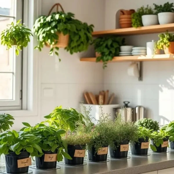 Cozinha com uma variedade de ervas em vasos.