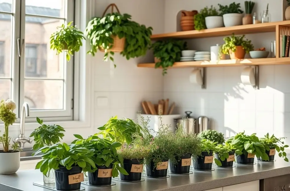 7 Passos para Criar Sua Horta de Temperos na Cozinha 8 Cozinha com uma variedade de ervas em vasos.