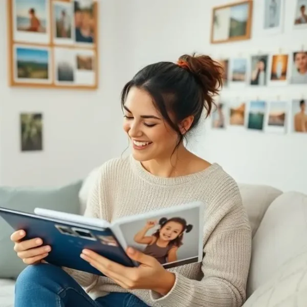 Mulher vendo suas memórias organizadas em fotos.