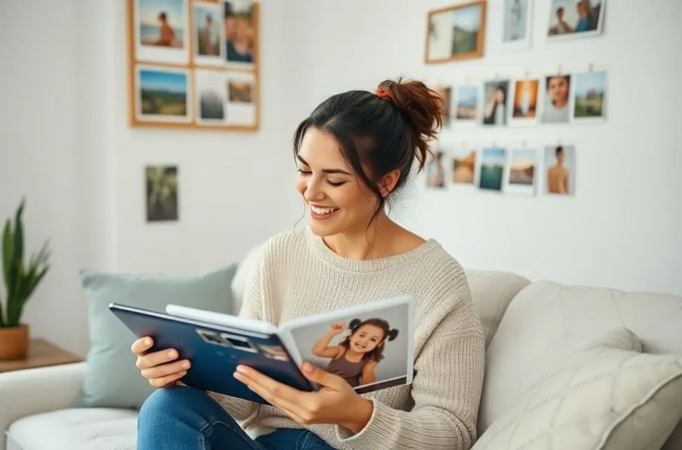 Mulher vendo suas memórias organizadas em fotos.
