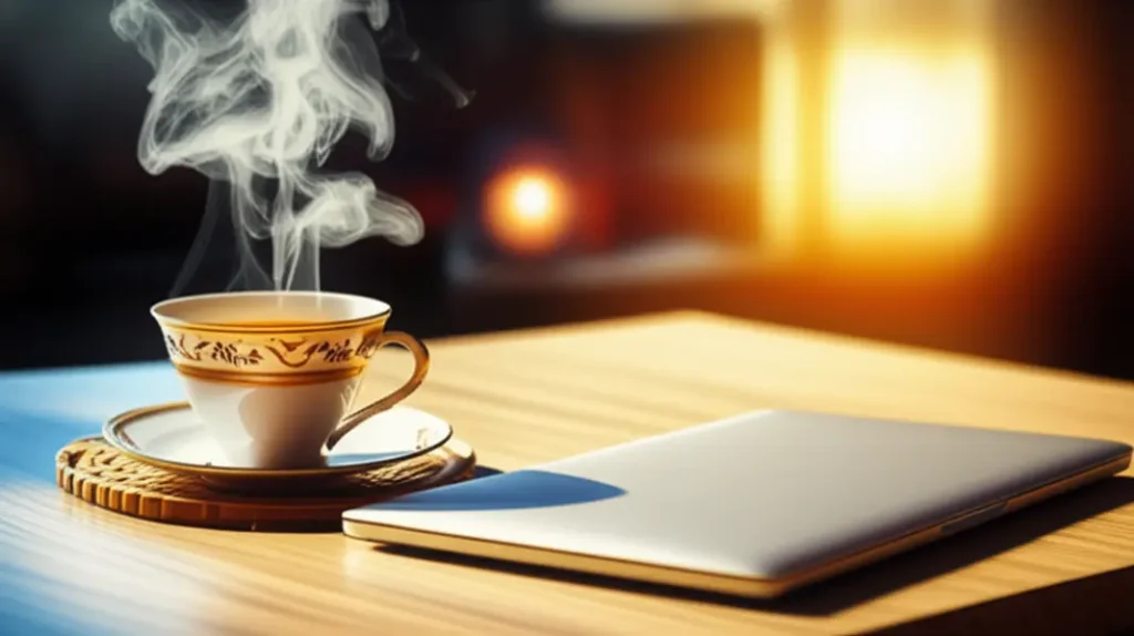 7 Passos para Encontrar o Equilíbrio com a Pausa Digital 3 Espaço tranquilo com uma xícara de chá e um laptop fechado, simbolizando uma pausa digital.