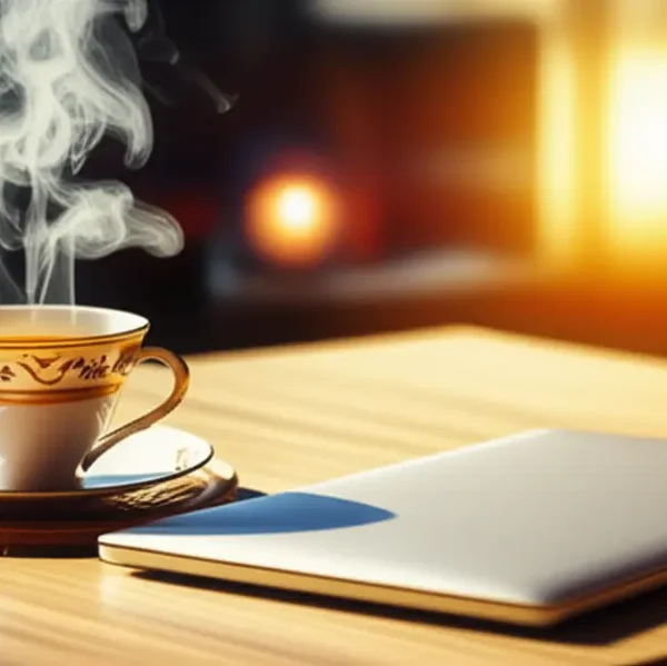 Espaço tranquilo com uma xícara de chá e um laptop fechado, simbolizando uma pausa digital.