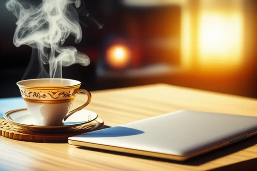 Espaço tranquilo com uma xícara de chá e um laptop fechado, simbolizando uma pausa digital.