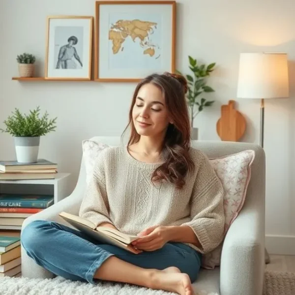 Uma cena de final de semana tranquila, com uma mulher cercada por elementos relaxantes e decorativos.