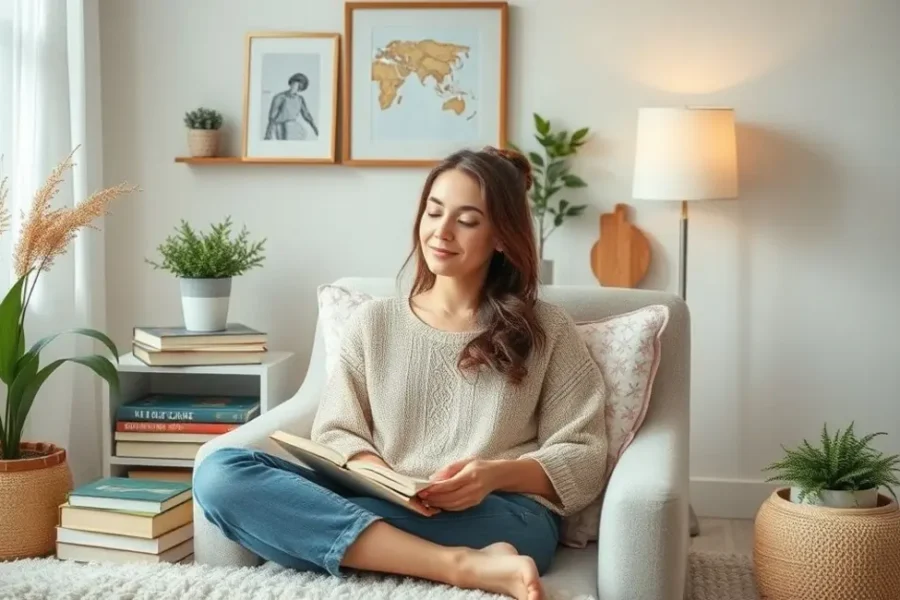 Uma cena de final de semana tranquila, com uma mulher cercada por elementos relaxantes e decorativos.