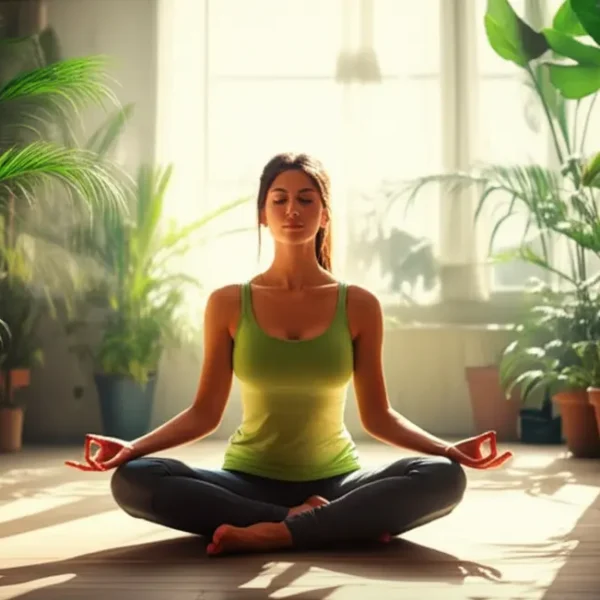 Mulher meditando em um espaço sereno e iluminado.