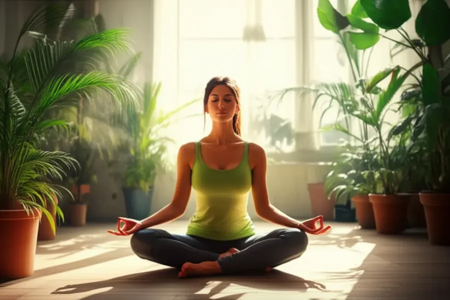 Mulher meditando em um espaço sereno e iluminado.