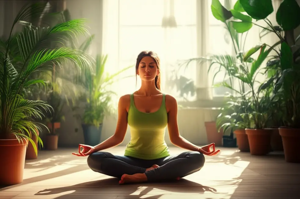 7 Estratégias Poderosas para Controlar o Estresse e Encontrar Equilíbrio 8 Mulher meditando em um espaço sereno e iluminado.