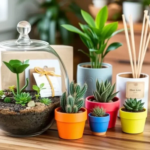 Variedade de presentes DIY artesanais com plantas.