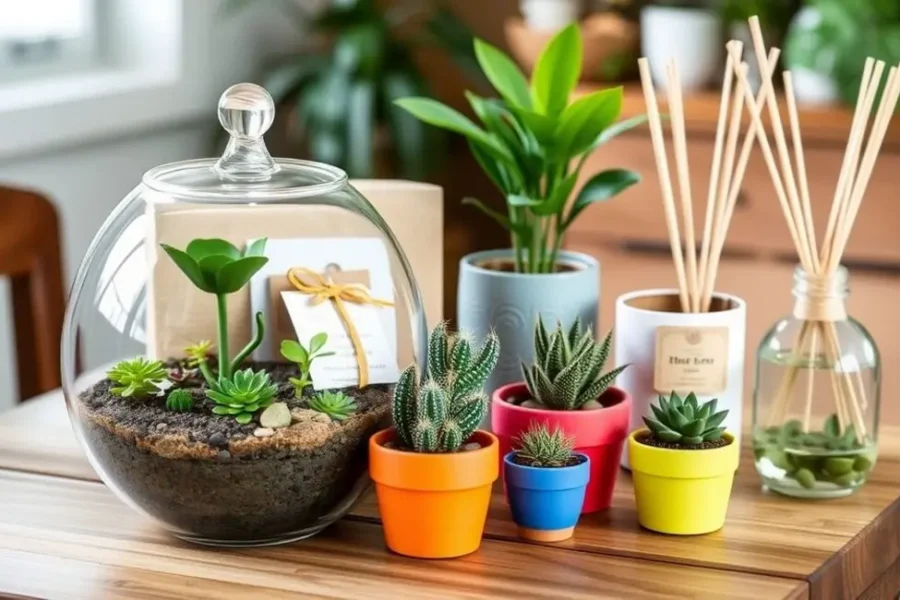 Variedade de presentes DIY artesanais com plantas.