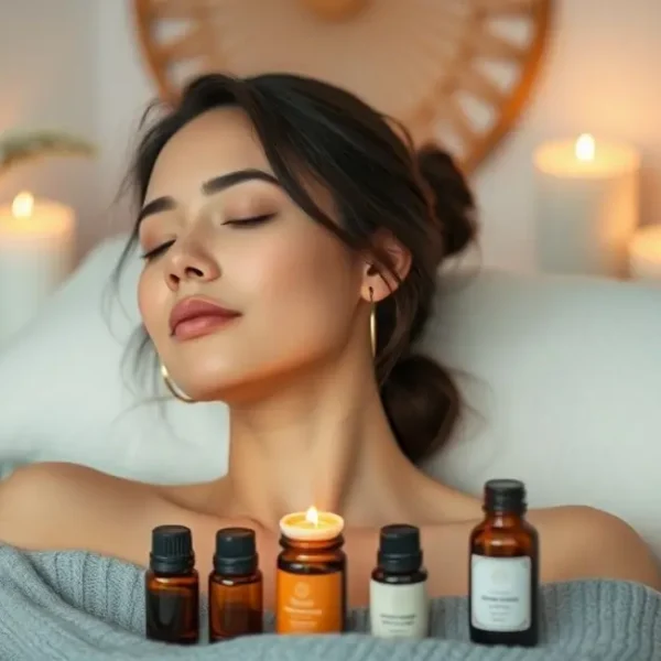 Uma mulher em um momento de relaxamento com óleos essenciais.