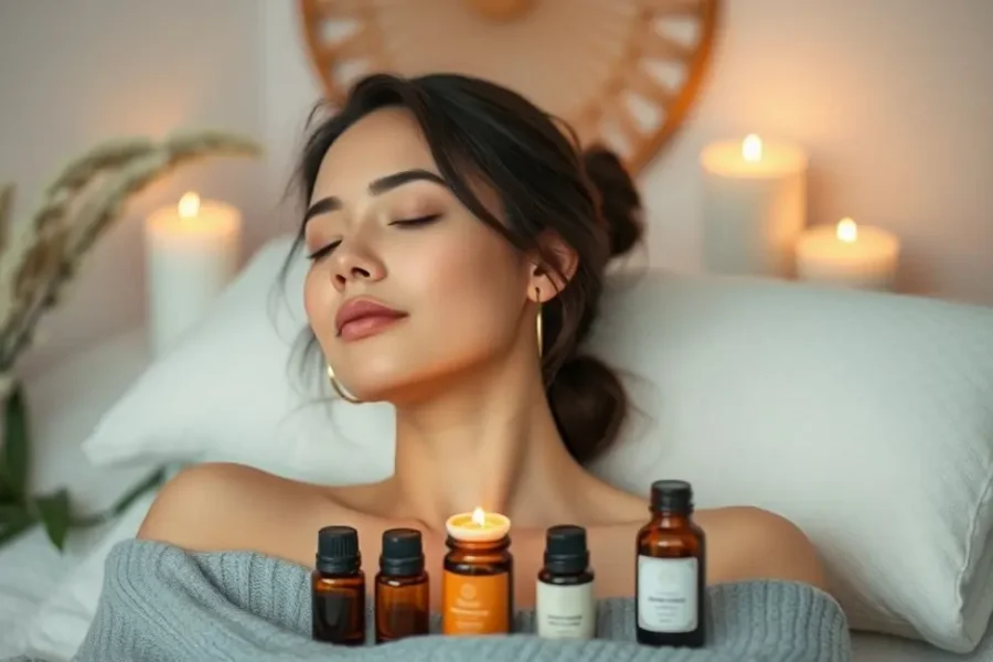 Uma mulher em um momento de relaxamento com óleos essenciais.