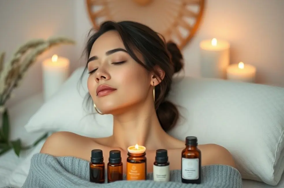 7 Aromaterapia para Aumentar Sua Produtividade e Bem-Estar 8 Uma mulher em um momento de relaxamento com óleos essenciais.