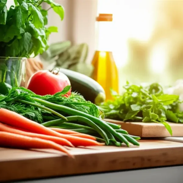 Ambiente de cozinha iluminada com ervas frescas e vegetais.