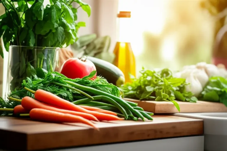 Ambiente de cozinha iluminada com ervas frescas e vegetais.