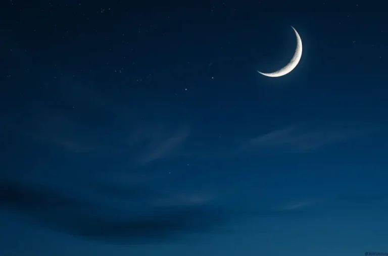 Paisagem noturna com lua crescente e céu estrelado, simbolizando a reflexão.
