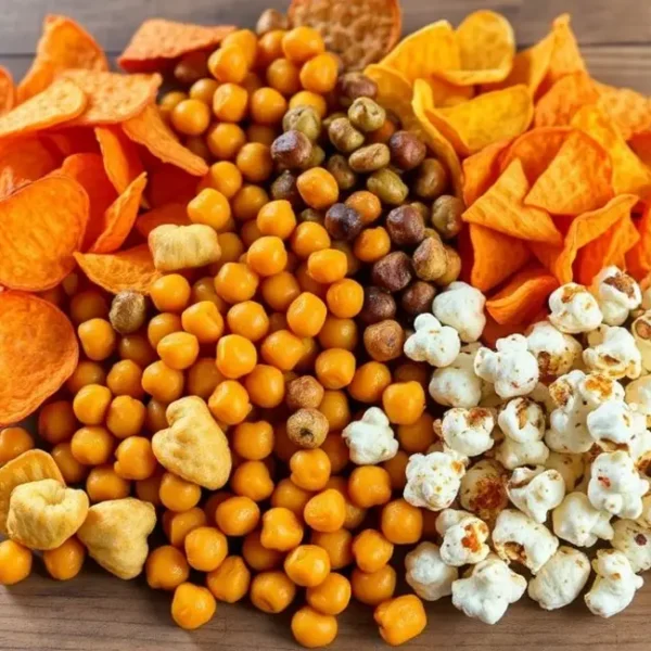 Disposição colorida de snacks crocantes saudáveis, incluindo chips de batata doce, grão de bico, e pipoca.
