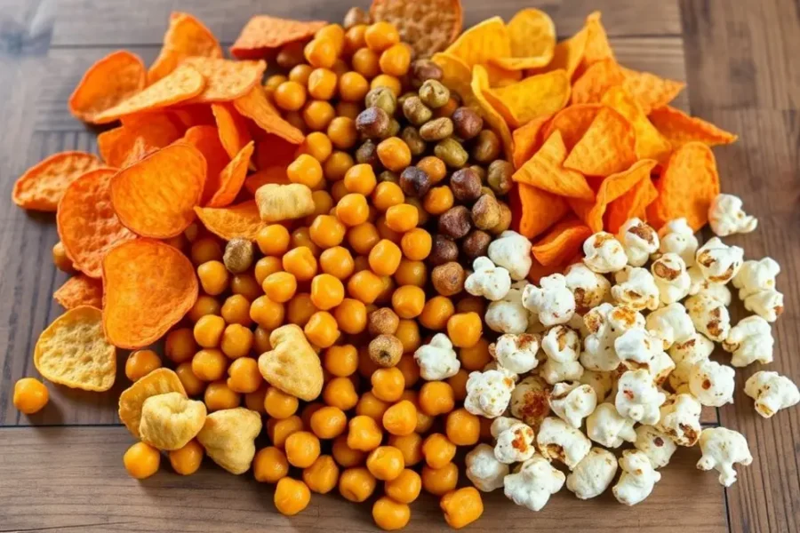Disposição colorida de snacks crocantes saudáveis, incluindo chips de batata doce, grão de bico, e pipoca.
