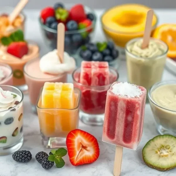 Variedade de sobremesas geladas saudáveis dispostas em uma mesa.