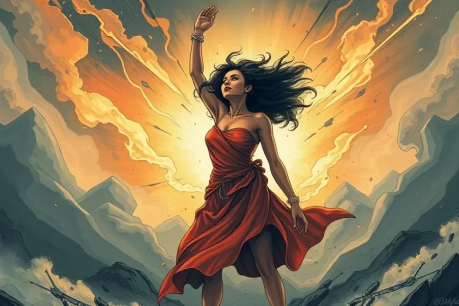 Mulher radiante enfrentando a negatividade com resiliência.