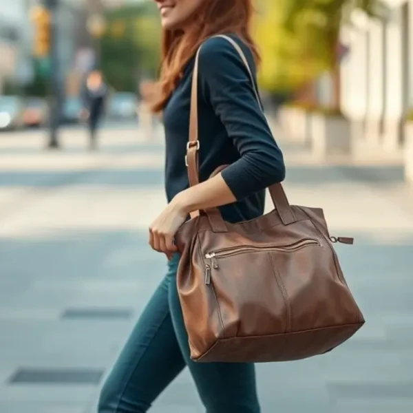 Mulher estilosa caminhando com uma bolsa organizada.