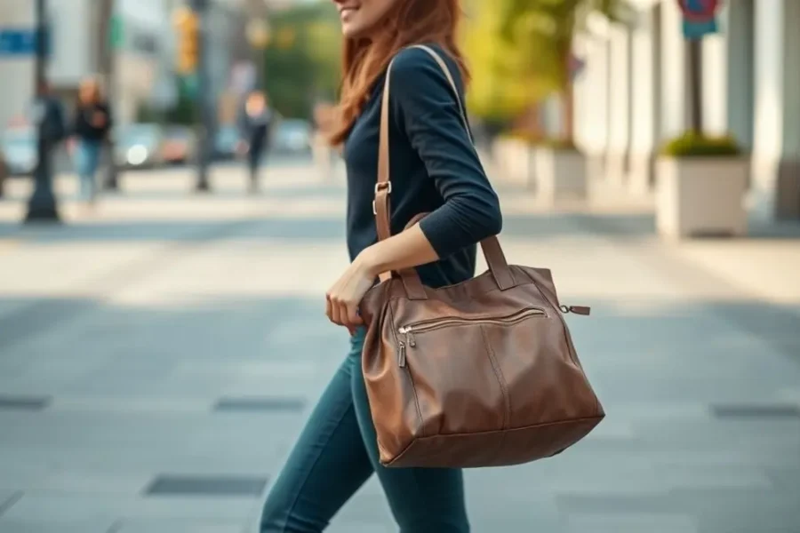 Mulher estilosa caminhando com uma bolsa organizada.