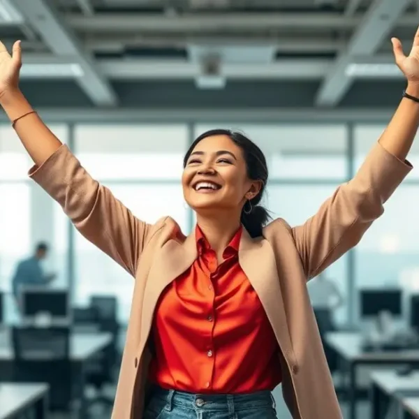 Mulher triunfante em um escritório, simbolizando empoderamento e superação de críticas.