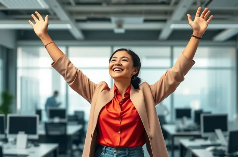 Mulher triunfante em um escritório, simbolizando empoderamento e superação de críticas.