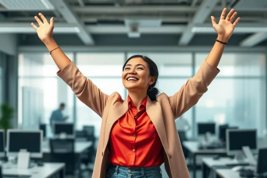 Mulher triunfante em um escritório, simbolizando empoderamento e superação de críticas.