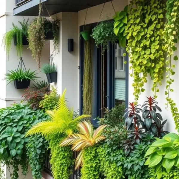 Varanda com horta vertical abundante e diversificada.