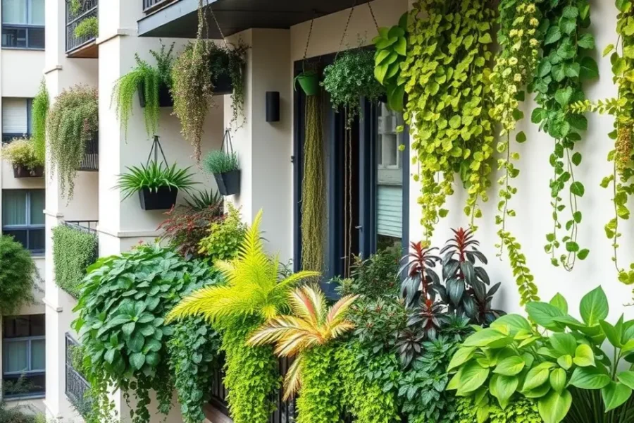 Varanda com horta vertical abundante e diversificada.