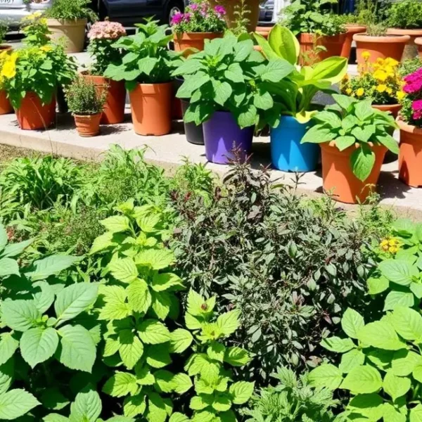 Jardim urbano com ervas e vegetais variados.