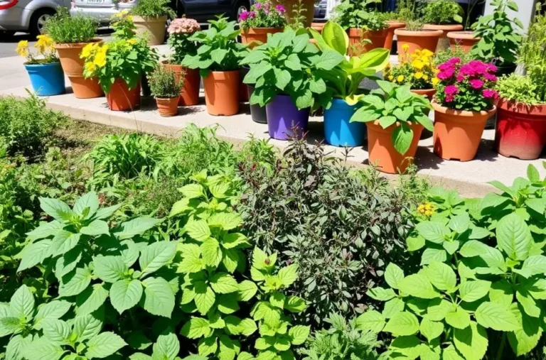 Jardim urbano com ervas e vegetais variados.