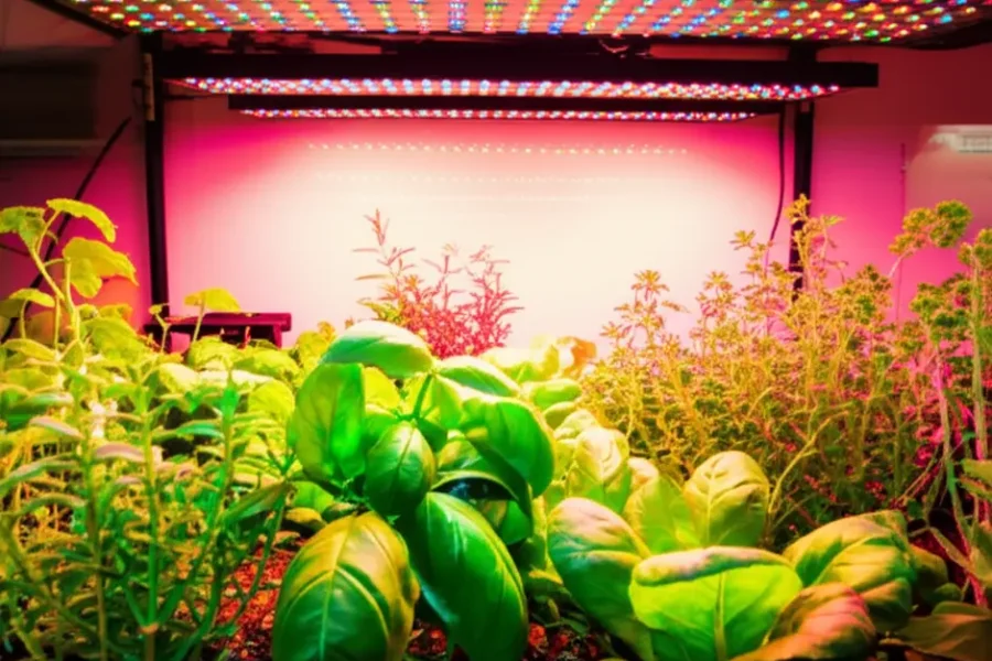 Horta indoor com ervas e vegetais sob luz artificial.