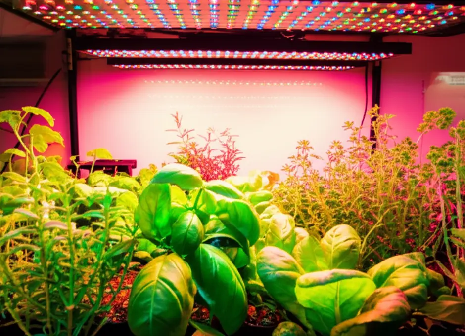 5 Dicas Práticas para Criar sua Horta de Apartamento com Iluminação Artificial 8 Horta indoor com ervas e vegetais sob luz artificial.