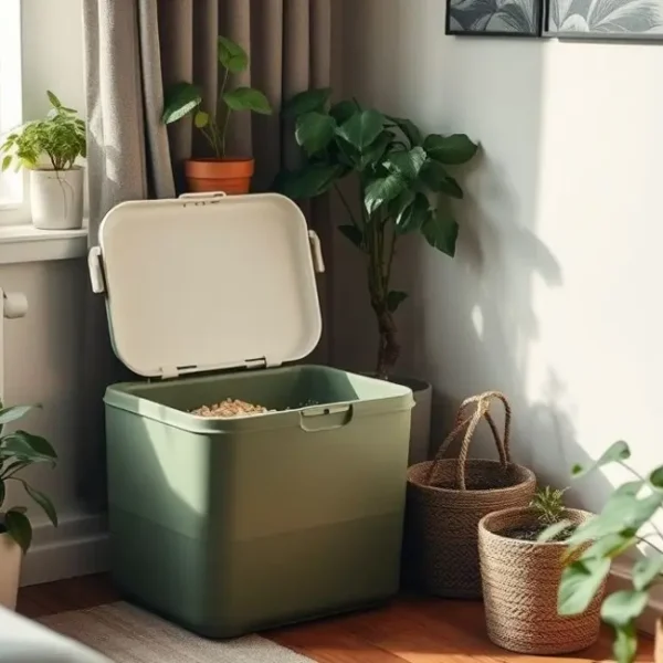 Ambiente aconchegante de apartamento com composteira e plantas saudáveis.