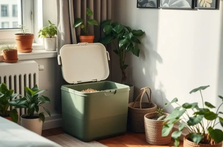 Ambiente aconchegante de apartamento com composteira e plantas saudáveis.