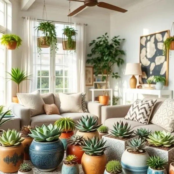 Sala encantadora cheia de suculentas em pequenos vasos.