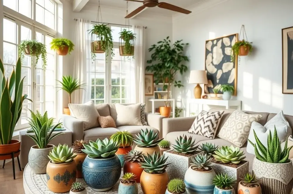 7 Dicas Infalíveis para Transformar Suculentas em Destaque na Sua Decoração 8 Sala encantadora cheia de suculentas em pequenos vasos.