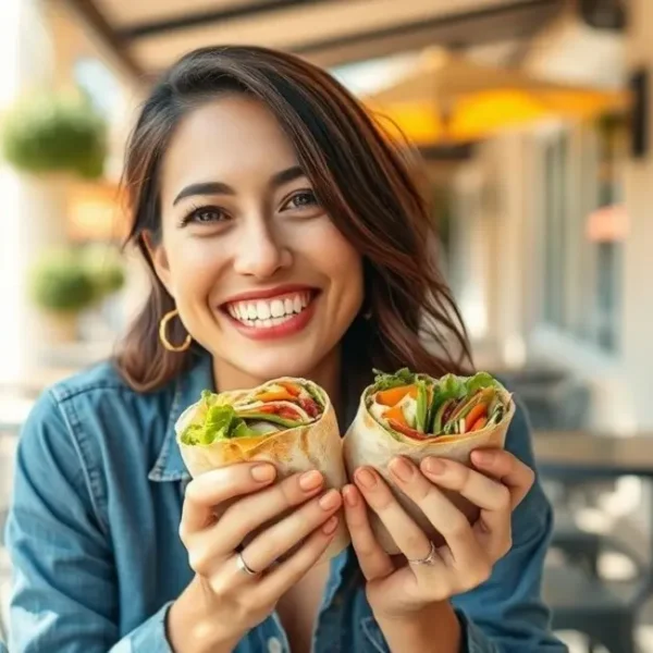 Mulher sorrindo enquanto come um wrap vegetariano.