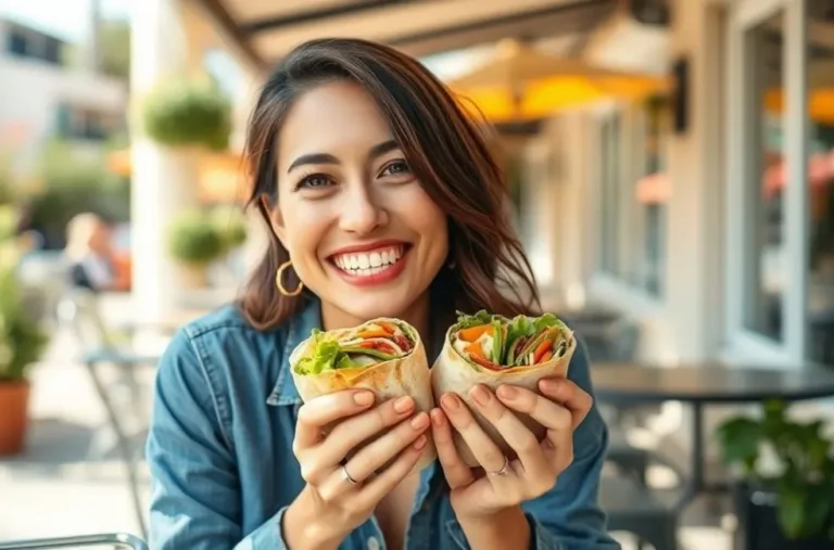 Mulher sorrindo enquanto come um wrap vegetariano.