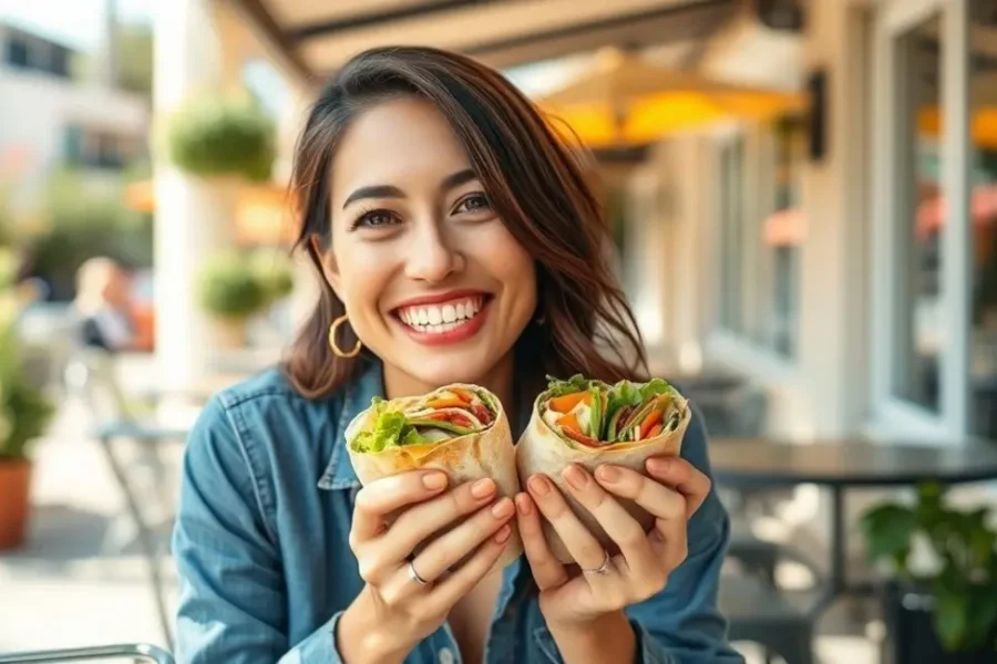 Mulher sorrindo enquanto come um wrap vegetariano.